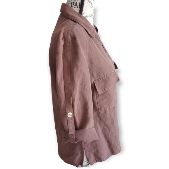 Neiman Marcus Womens Brown Linen Silk Button Down Blouse Camp Shirt Pockets 8 - Picture 5 of 12
